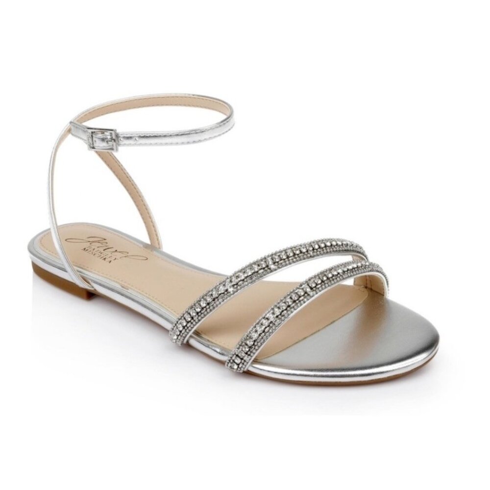 Jewel Badgley Mischka Roslyn Ankle Strap Sandals Silver Rhinestones Bling Sz 5.5